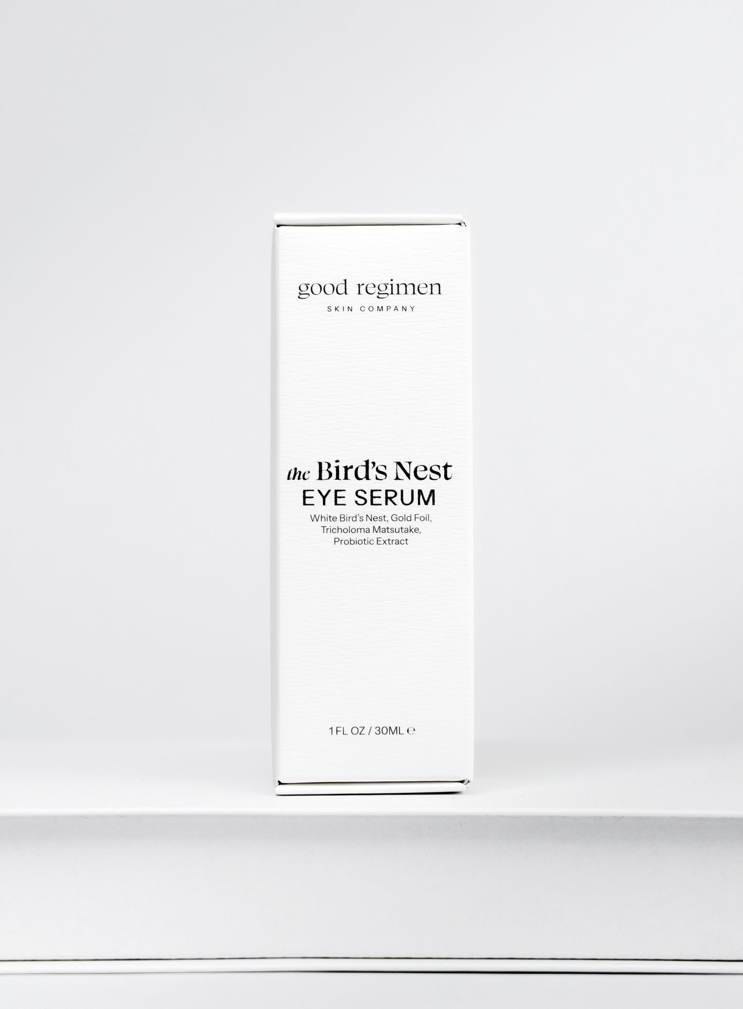 Good Regimen The Bird’s Nest Eye Serum front packaging with white bird’s nest, gold foil, tricholoma matsutake, and probiotic extract.