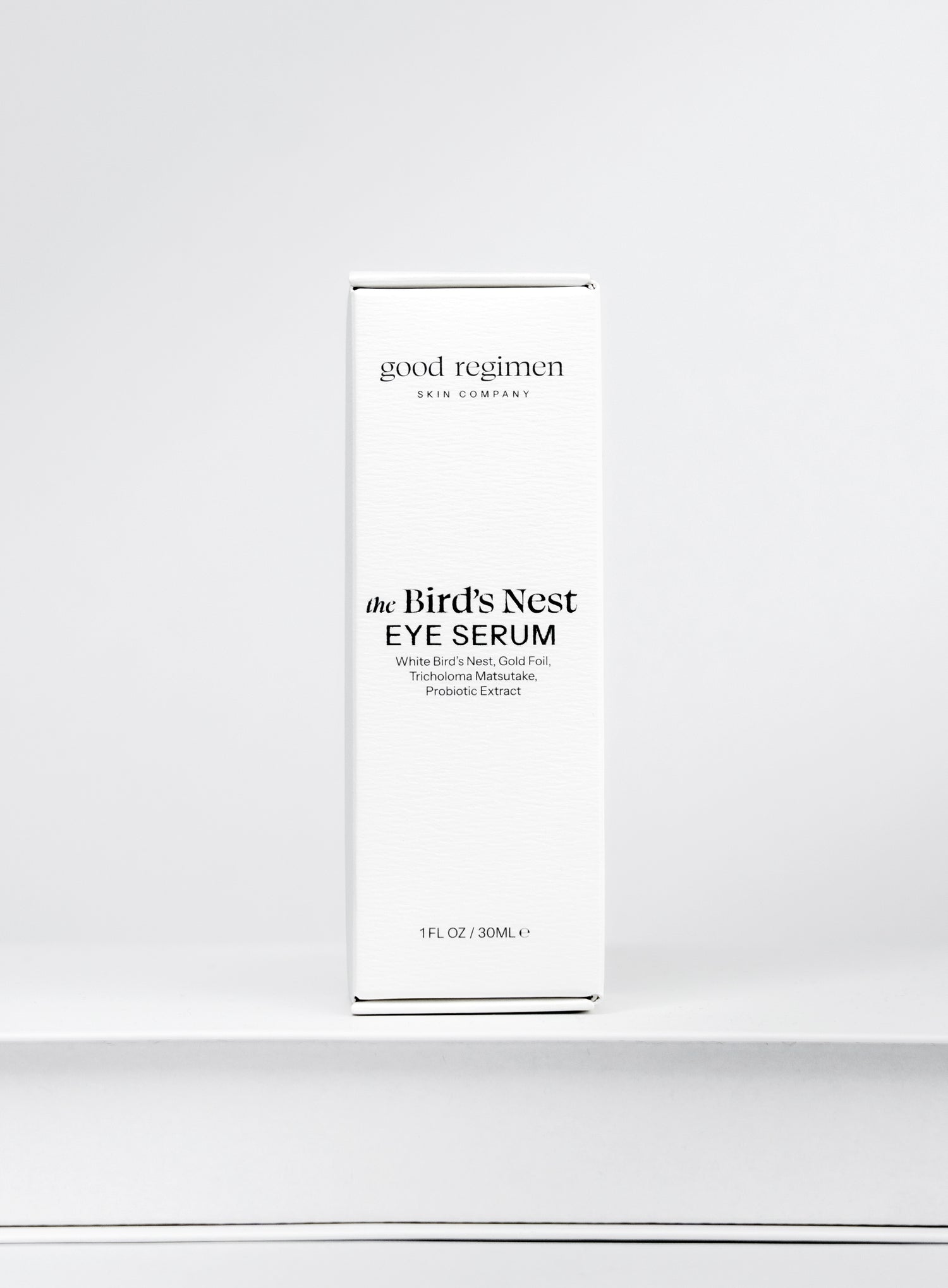 Good Regimen The Bird’s Nest Eye Serum front packaging with white bird’s nest, gold foil, tricholoma matsutake, and probiotic extract.