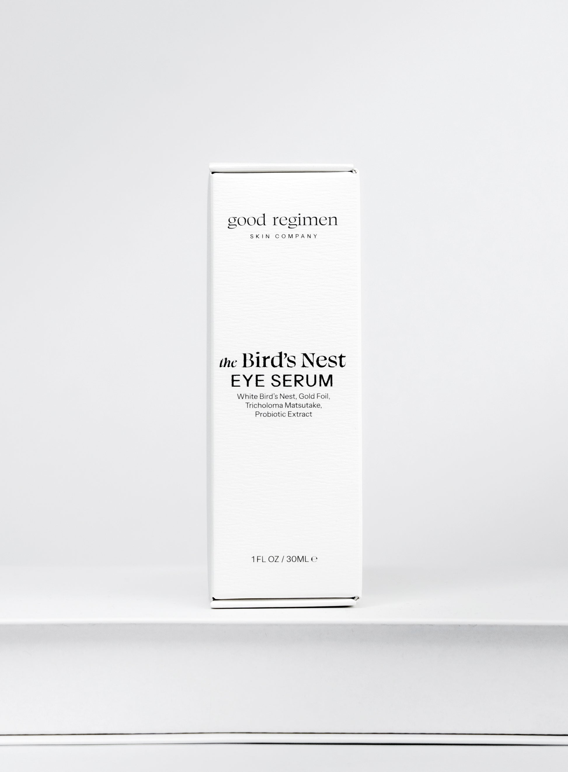 Good Regimen The Bird’s Nest Eye Serum front packaging with white bird’s nest, gold foil, tricholoma matsutake, and probiotic extract.