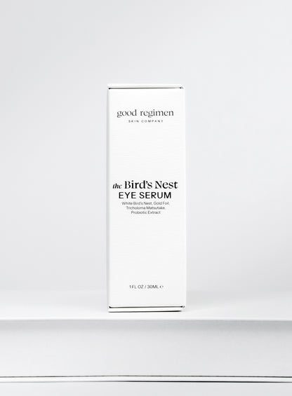 Good Regimen The Bird’s Nest Eye Serum front packaging with white bird’s nest, gold foil, tricholoma matsutake, and probiotic extract.