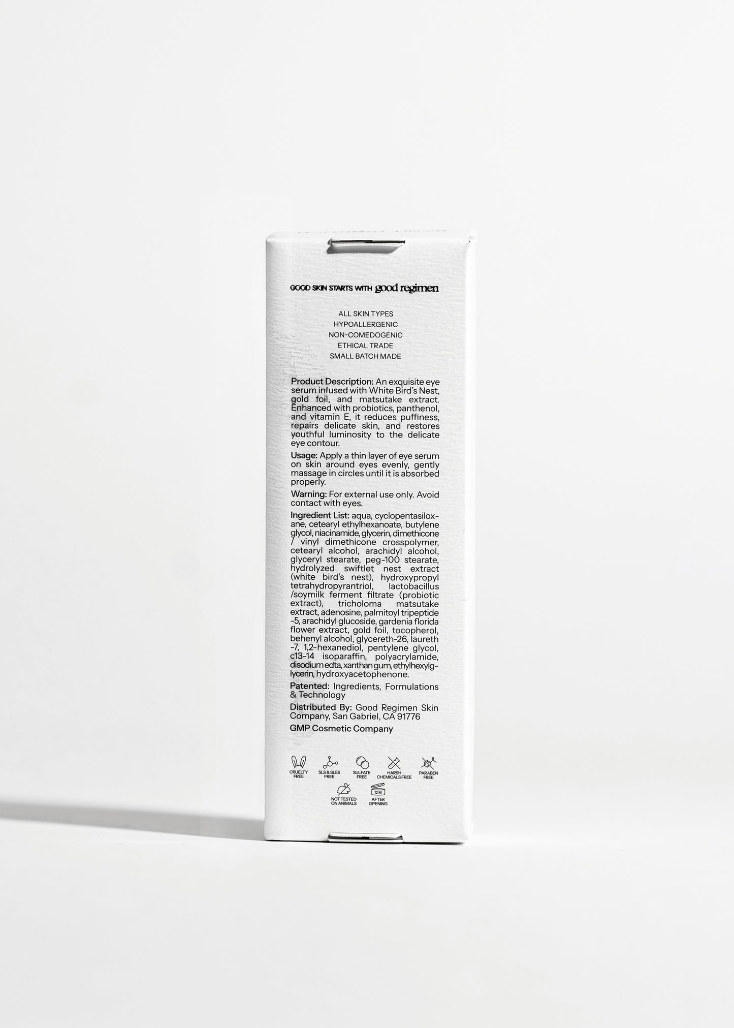 Back of Good Regimen The Bird’s Nest Eye Serum packaging showing product details, usage directions, ingredient list, and skincare icons.