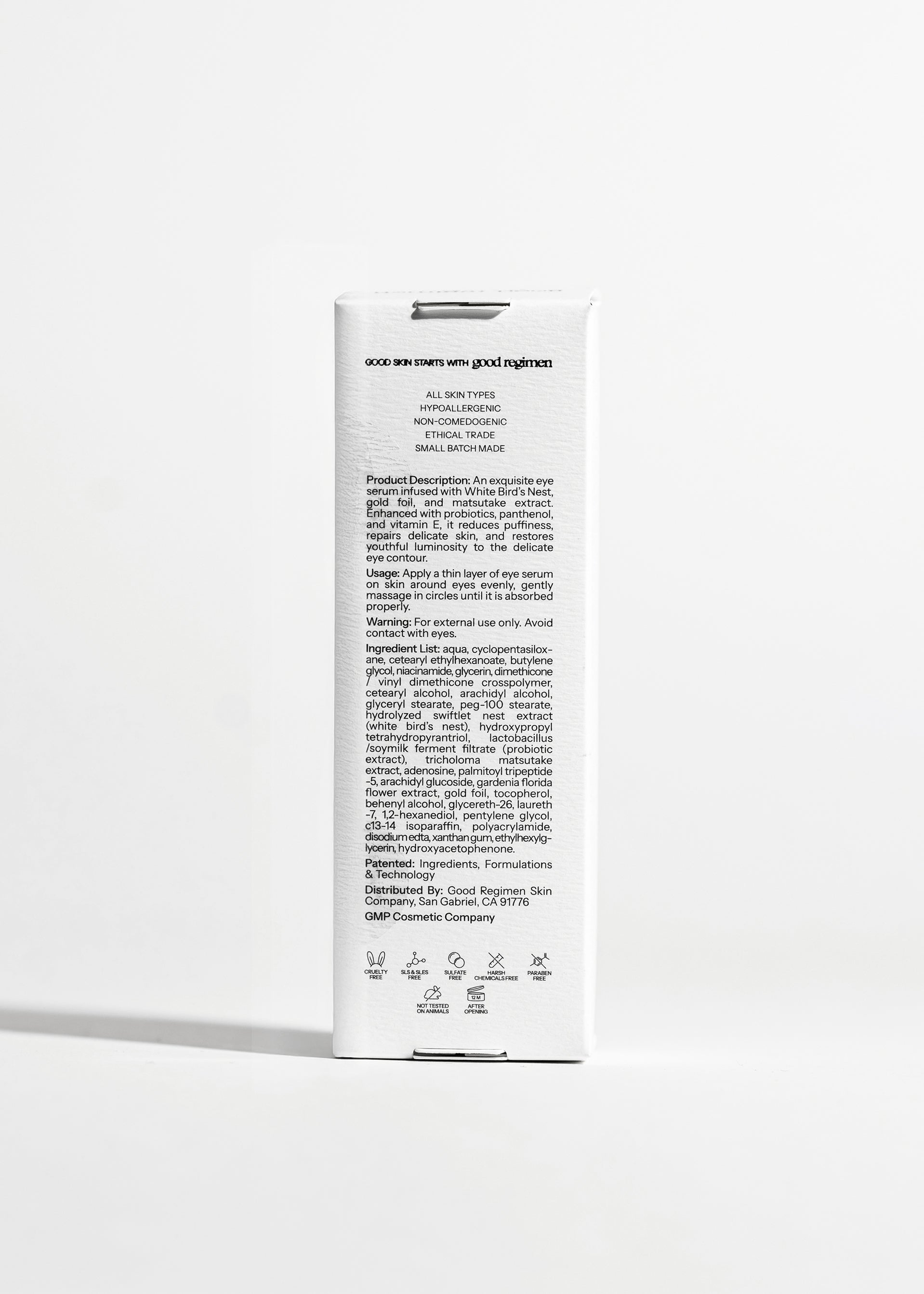 Back of Good Regimen The Bird’s Nest Eye Serum packaging showing product details, usage directions, ingredient list, and skincare icons.