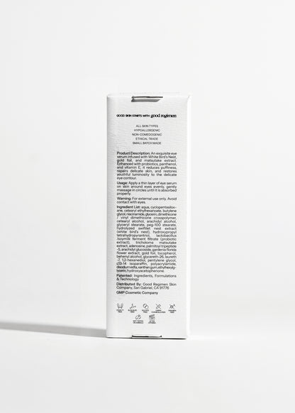 Back of Good Regimen The Bird’s Nest Eye Serum packaging showing product details, usage directions, ingredient list, and skincare icons.