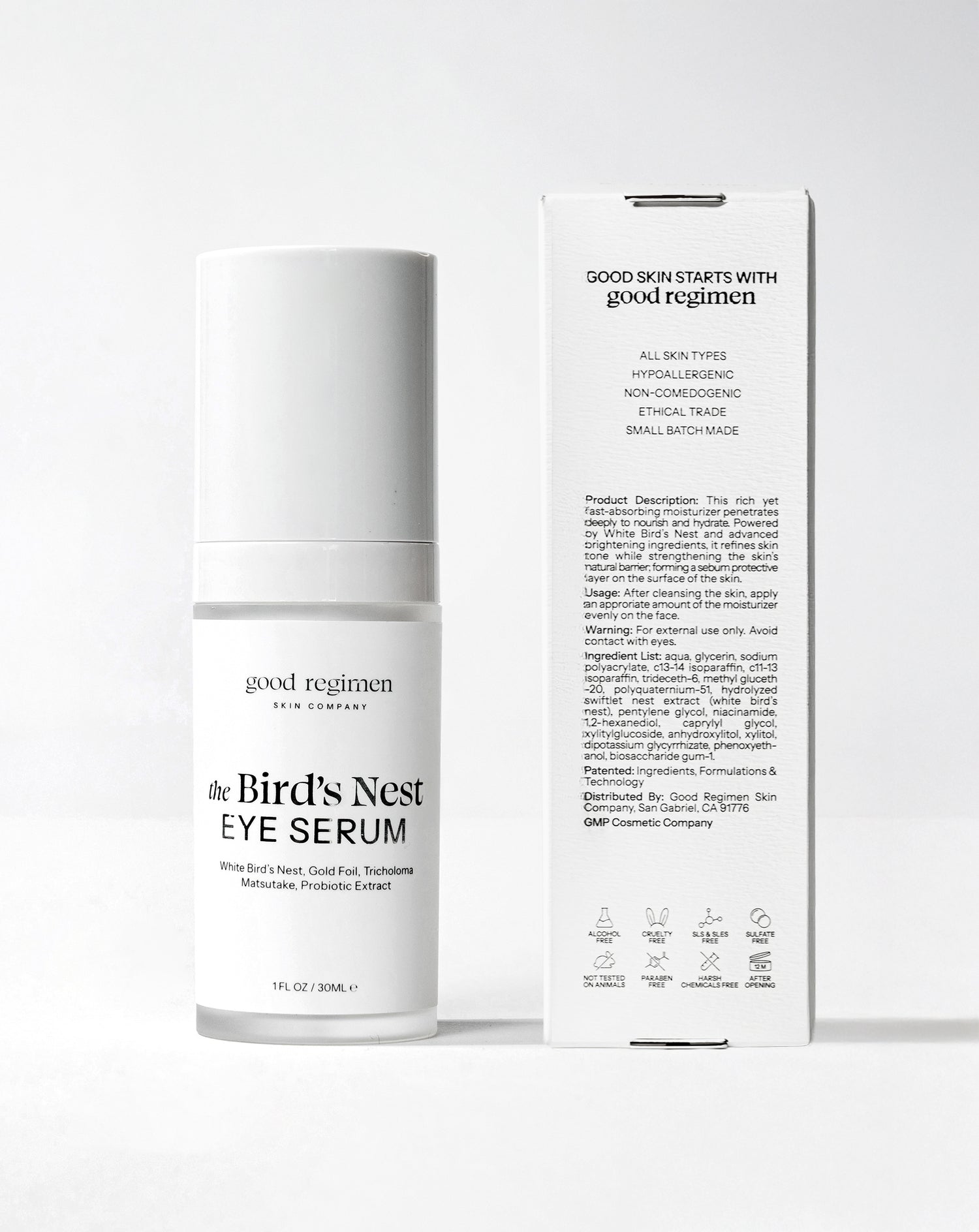Good Regimen The Bird’s Nest Eye Serum with packaging, a lightweight eye serum featuring white bird’s nest, gold foil, tricholoma matsutake, and probiotic extract.