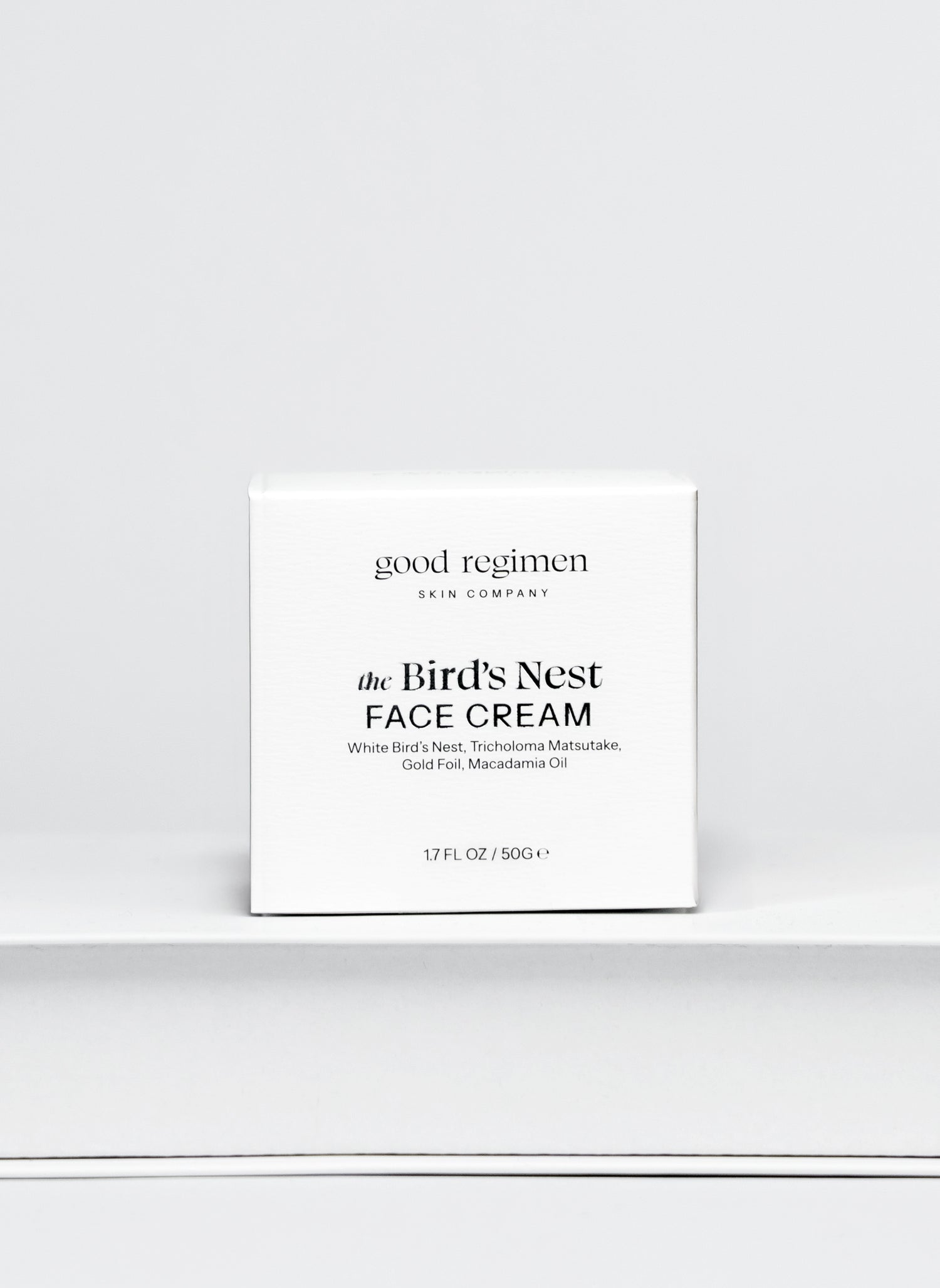 Good Regimen The Bird’s Nest Face Cream front packaging with white bird’s nest, tricholoma matsutake, gold foil, and macadamia oil.