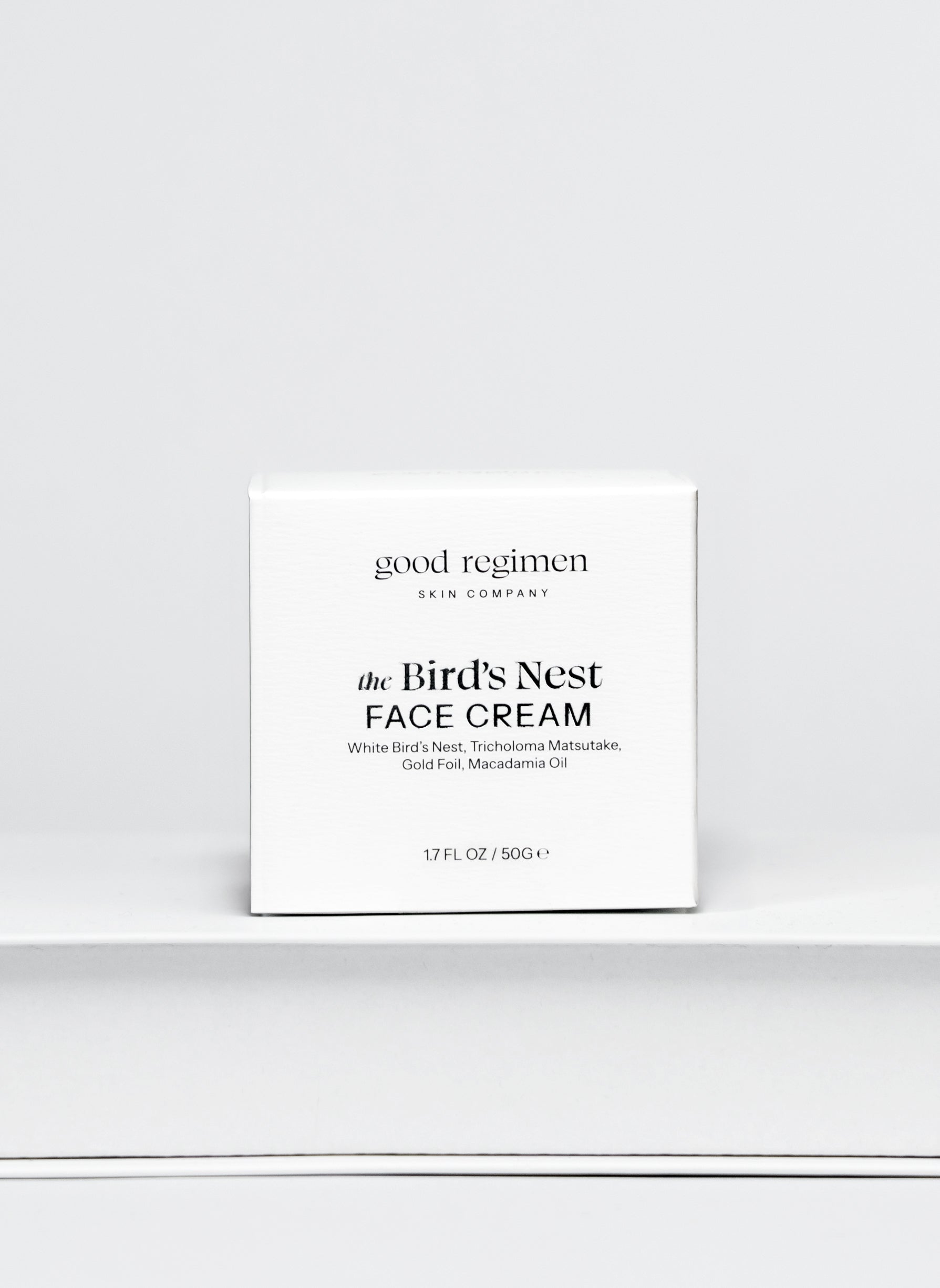 Good Regimen The Bird’s Nest Face Cream front packaging with white bird’s nest, tricholoma matsutake, gold foil, and macadamia oil.