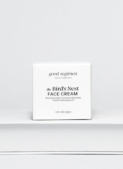 Good Regimen The Bird’s Nest Face Cream front packaging with white bird’s nest, tricholoma matsutake, gold foil, and macadamia oil.