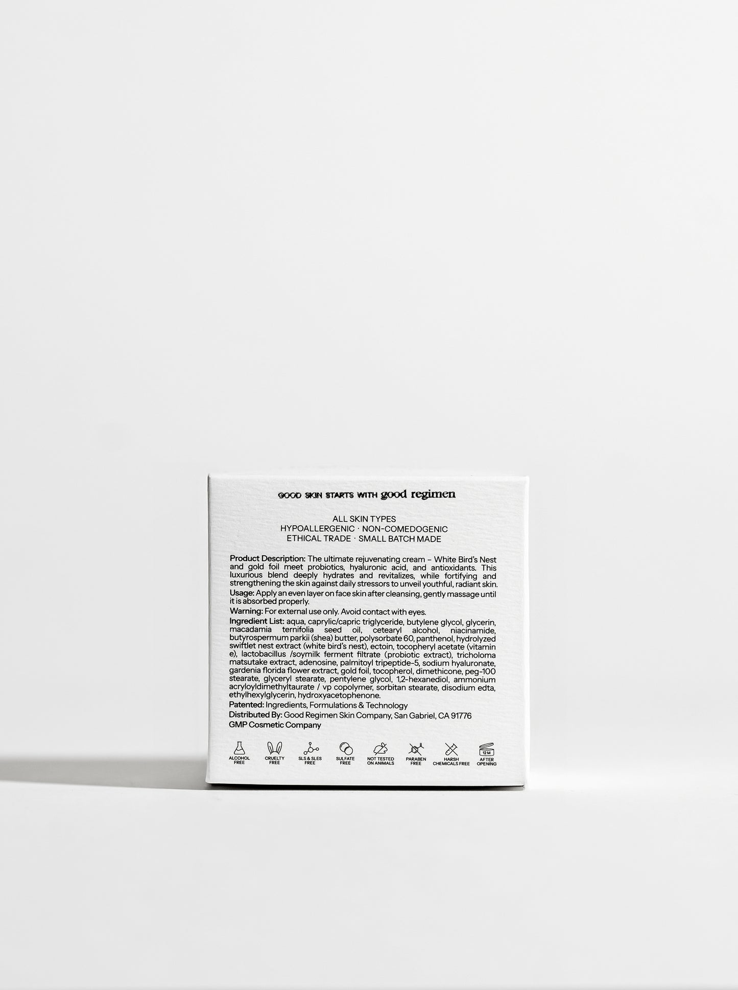 Back of Good Regimen The Bird’s Nest Face Cream packaging showing product details, usage directions, ingredient list, and skincare icons.