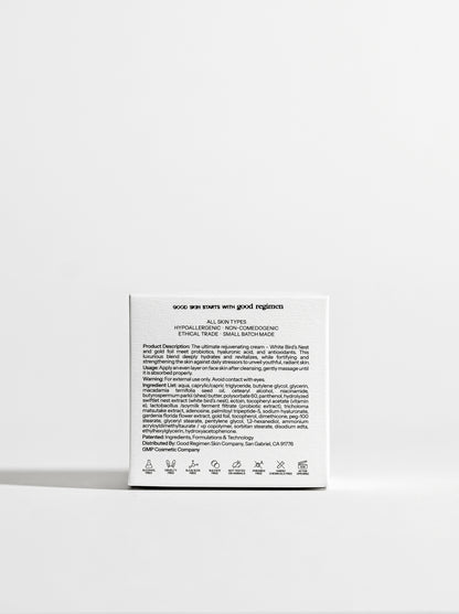 Back of Good Regimen The Bird’s Nest Face Cream packaging showing product details, usage directions, ingredient list, and skincare icons.
