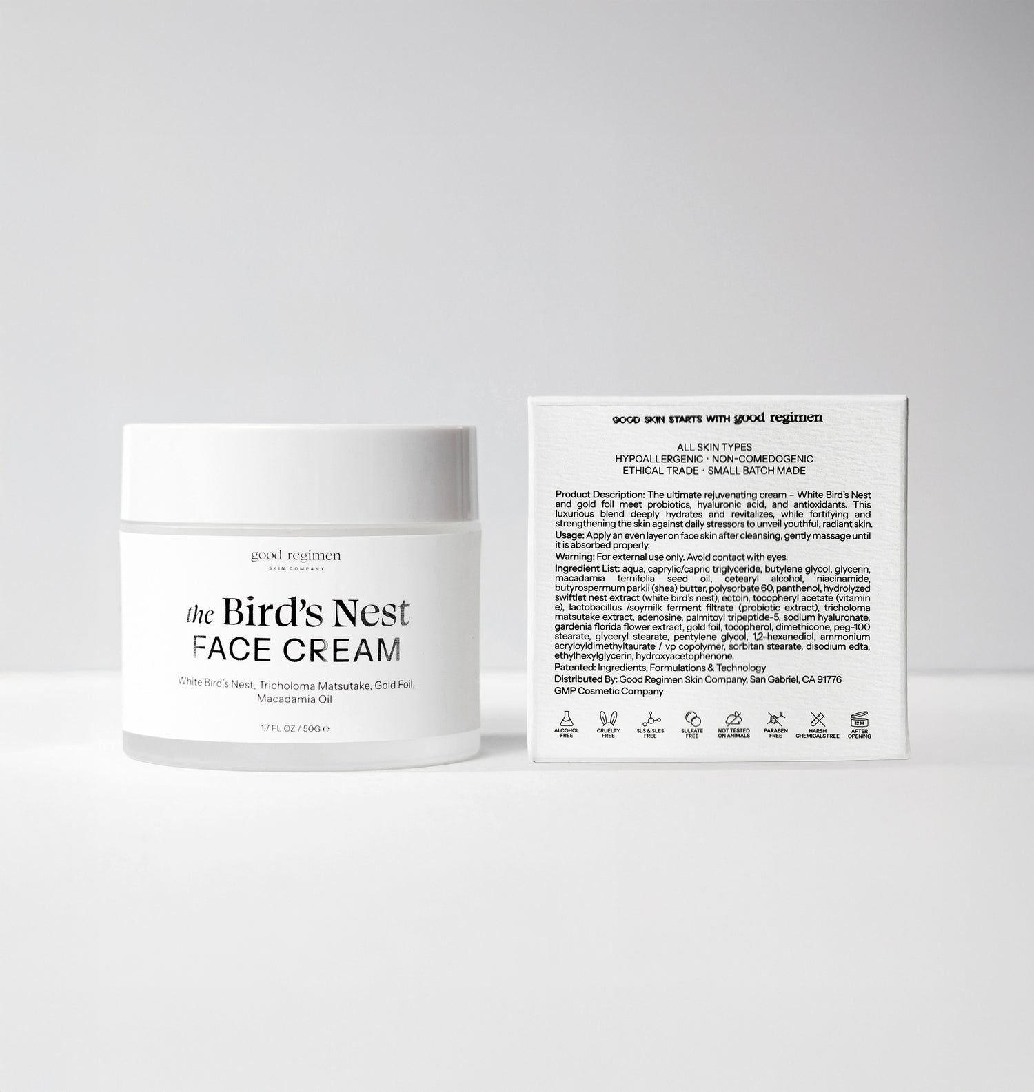 Good Regimen The Bird’s Nest Face Cream with packaging, a rich face cream formulated with white bird’s nest, tricholoma matsutake, gold foil, and macadamia oil.