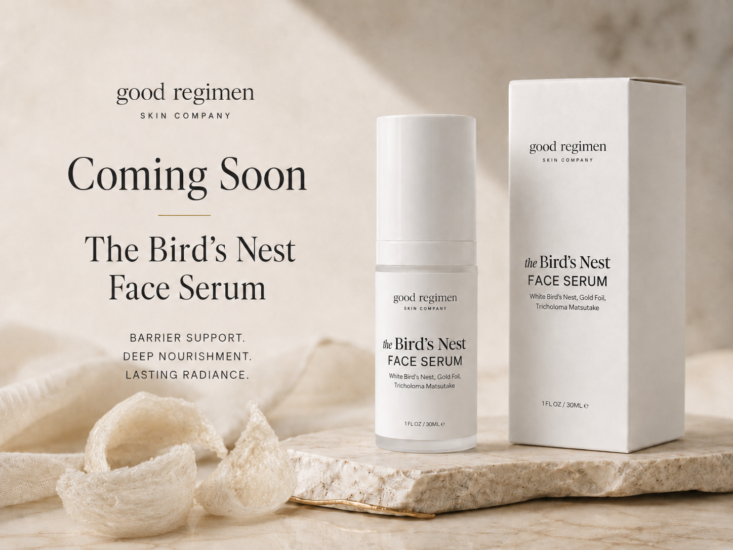 Coming soon blog image for Good Regimen The Bird’s Nest Face Serum featuring the face serum bottle, product box, and bird’s nest in a minimalist luxury setting.
