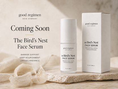 Coming soon blog image for Good Regimen The Bird’s Nest Face Serum featuring the face serum bottle, product box, and bird’s nest in a minimalist luxury setting.