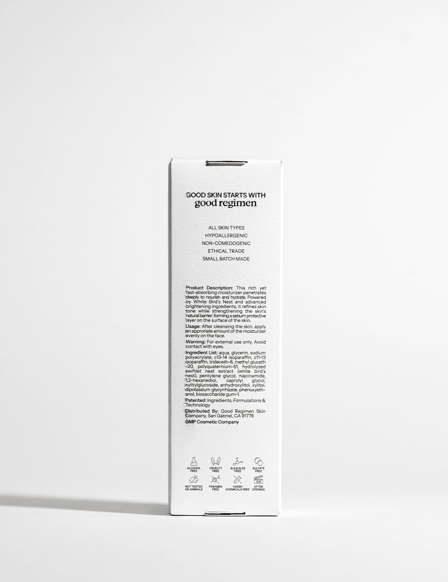 Back of Good Regimen The Bird’s Nest Moisturizer packaging showing product details, usage directions, ingredient list, and skincare icons.