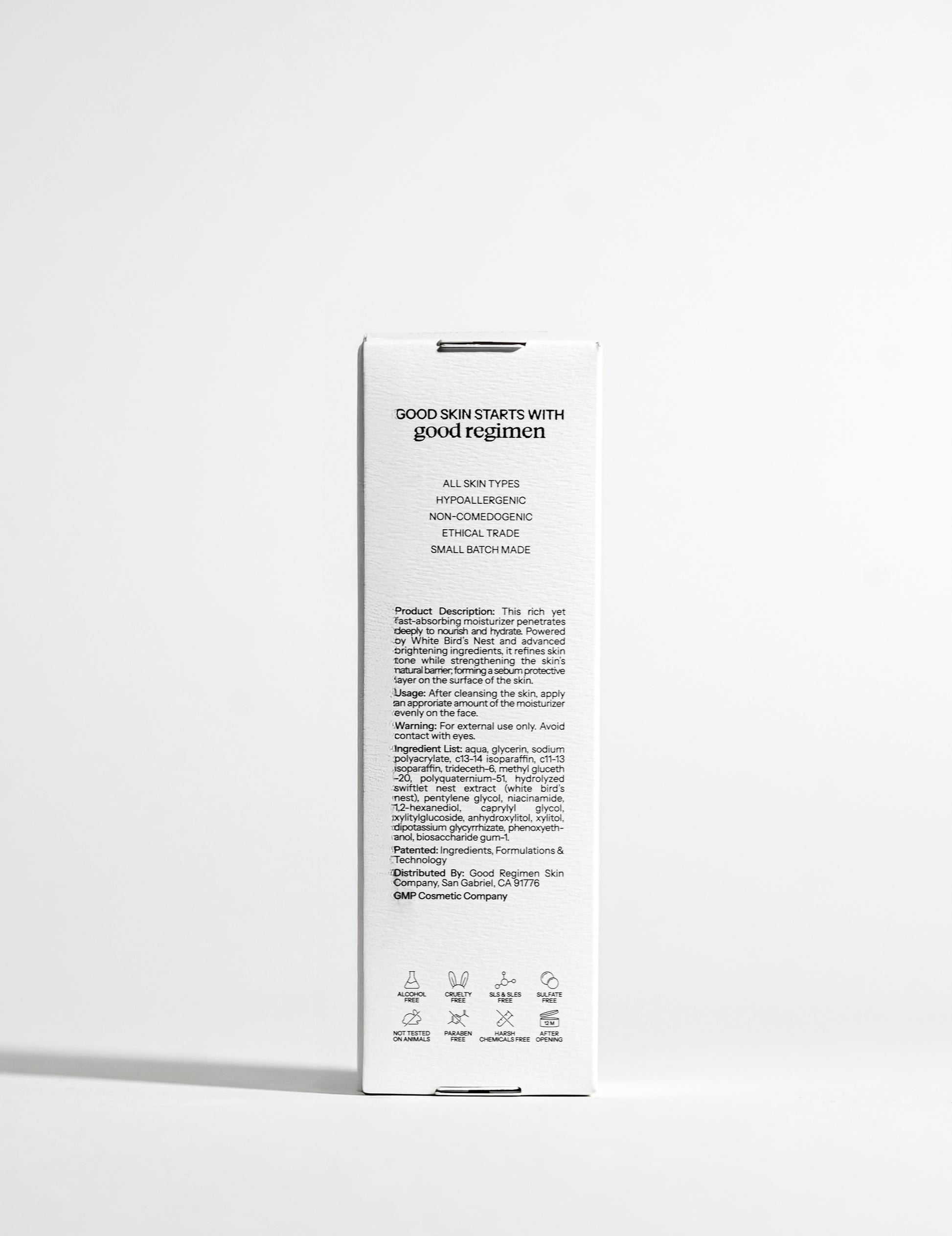 Back of Good Regimen The Bird’s Nest Moisturizer packaging showing product details, usage directions, ingredient list, and skincare icons.