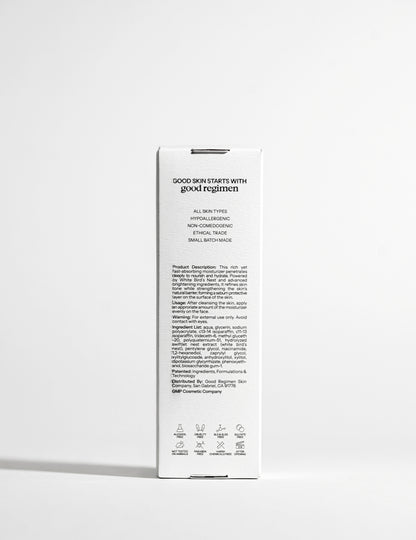 Back of Good Regimen The Bird’s Nest Moisturizer packaging showing product details, usage directions, ingredient list, and skincare icons.