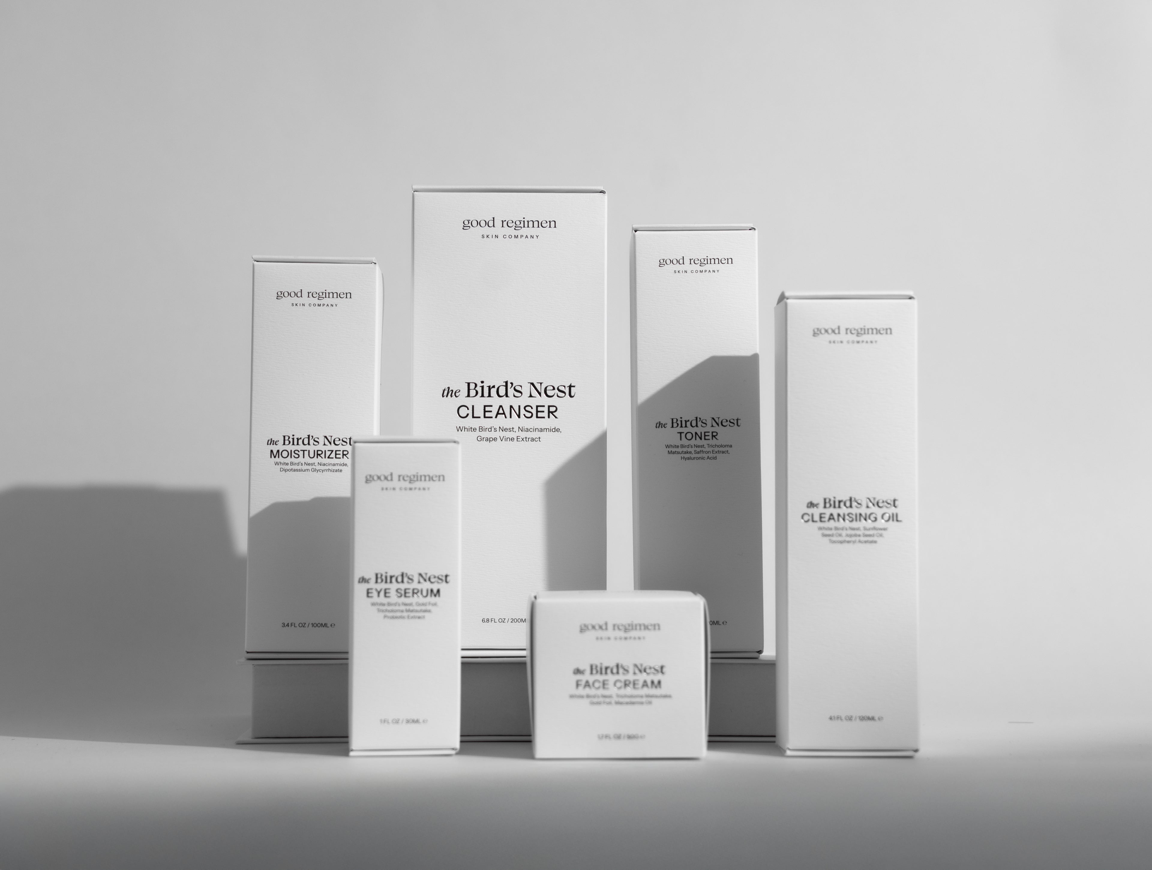 Good Regimen Bird’s Nest skincare collection featuring cleanser, toner, moisturizer, eye serum, face cream, and cleansing oil for hydrated, healthy-looking skin.