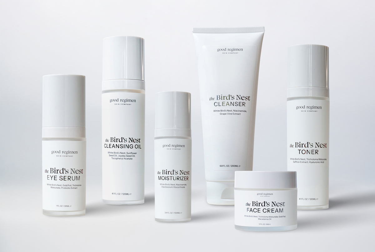 Good Regimen The Bird’s Nest skincare routine featuring eye serum, moisturizer, cleanser, toner, and face cream formulated with white bird’s nest for hydrated, healthy-looking skin.