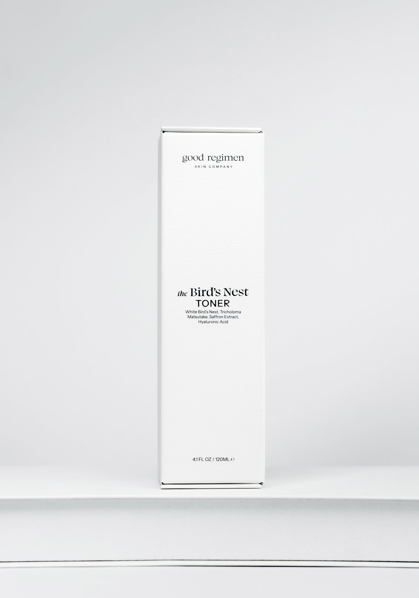 Good Regimen The Bird’s Nest Toner front packaging with white bird’s nest, tricholoma matsutake, saffron extract, and hyaluronic acid.