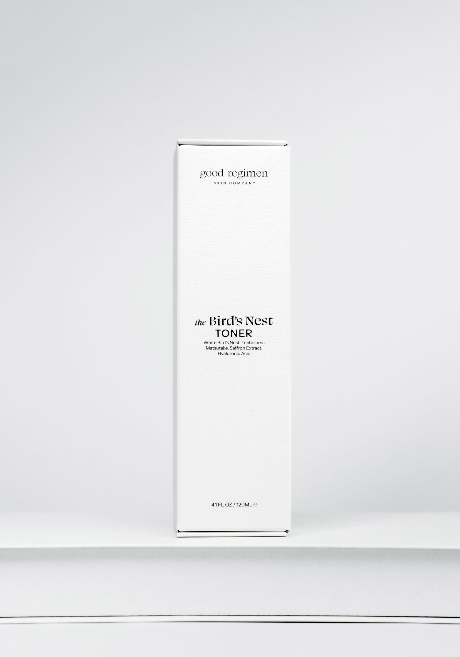 Good Regimen The Bird’s Nest Toner front packaging with white bird’s nest, tricholoma matsutake, saffron extract, and hyaluronic acid.