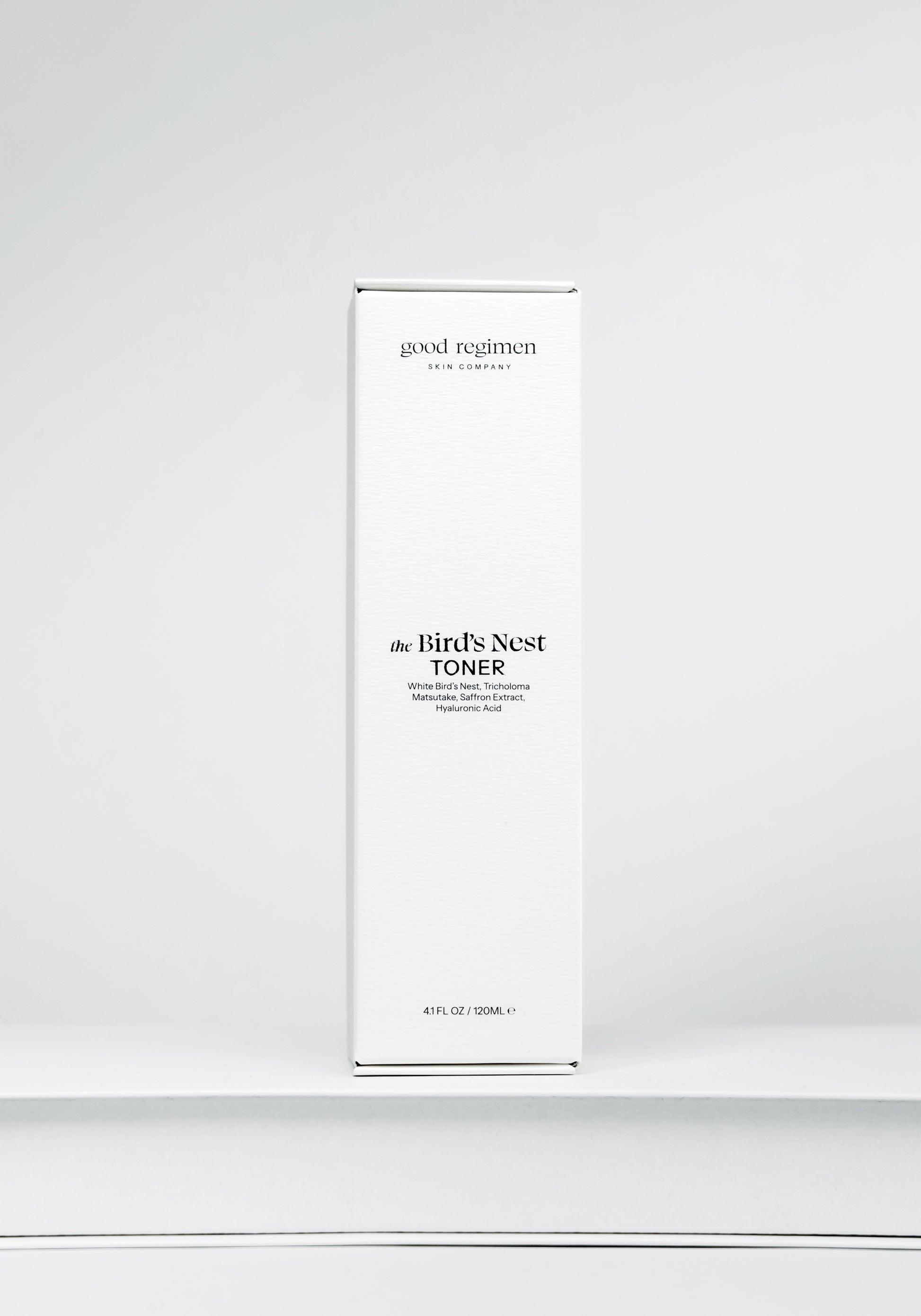 Good Regimen The Bird’s Nest Toner front packaging with white bird’s nest, tricholoma matsutake, saffron extract, and hyaluronic acid.