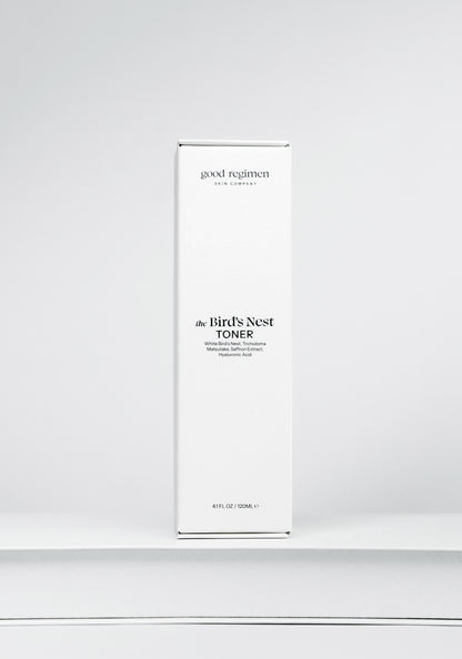 Good Regimen The Bird’s Nest Toner front packaging with white bird’s nest, tricholoma matsutake, saffron extract, and hyaluronic acid.