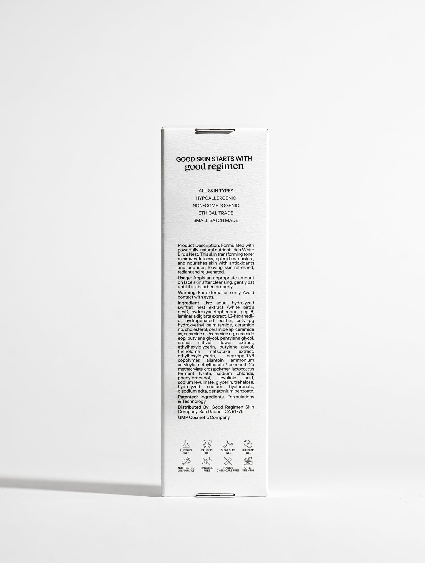Back of Good Regimen The Bird’s Nest Toner packaging showing product details, usage directions, ingredient list, and skincare icons.