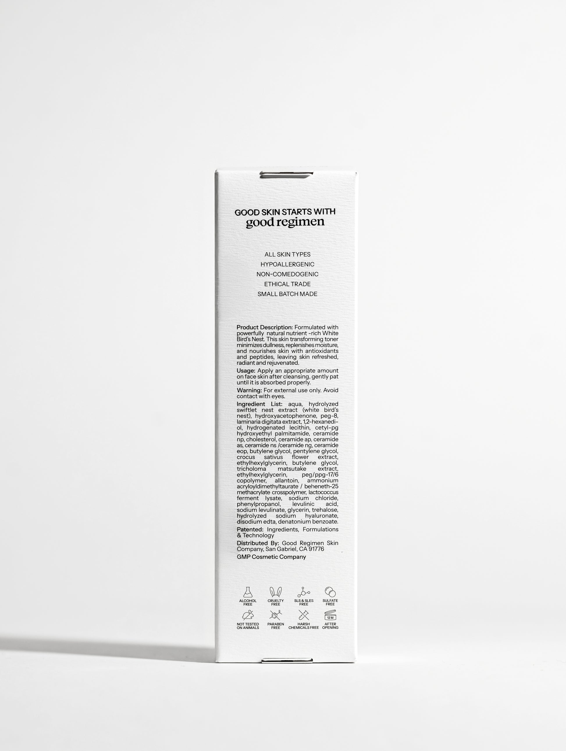 Back of Good Regimen The Bird’s Nest Toner packaging showing product details, usage directions, ingredient list, and skincare icons.
