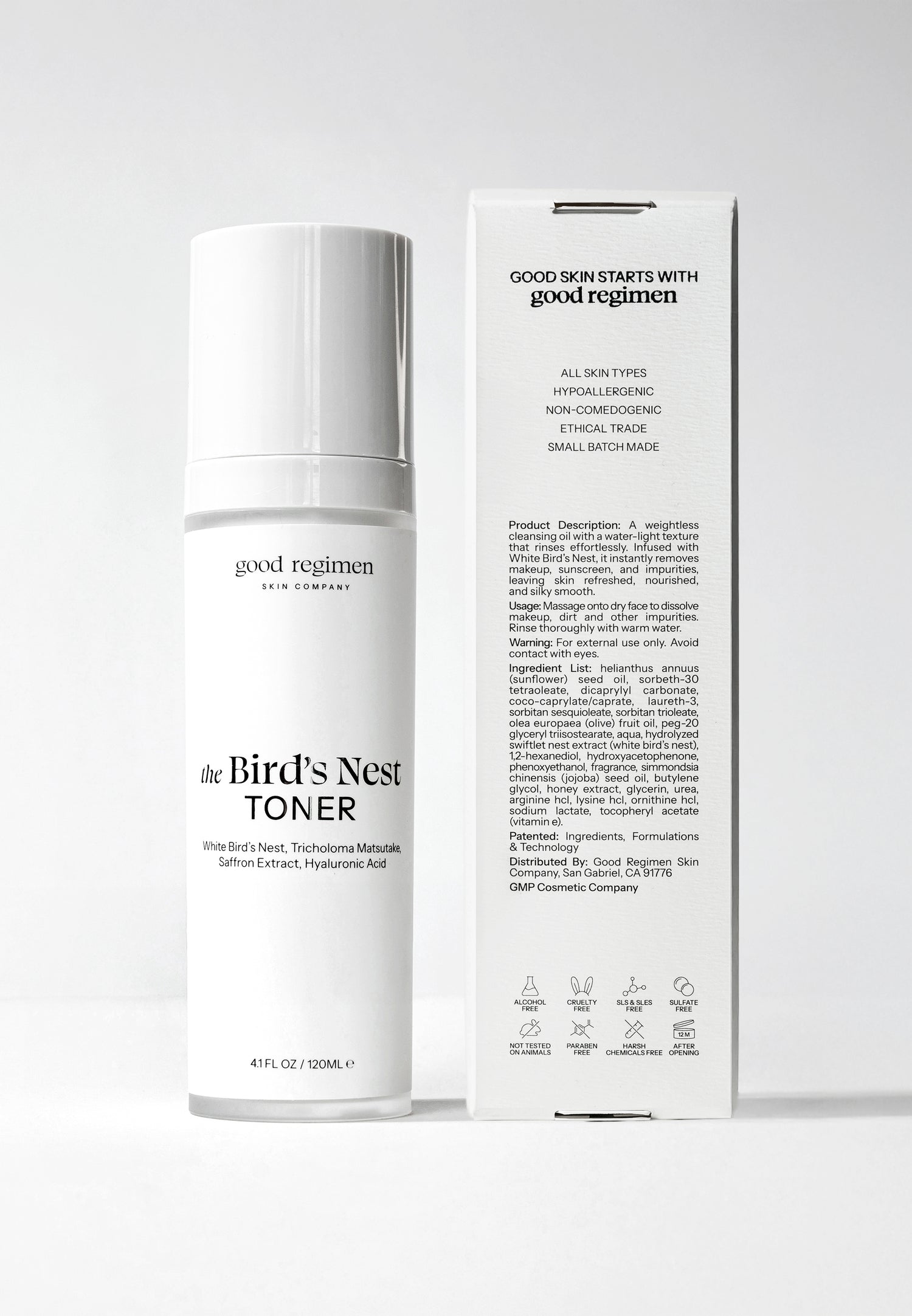Good Regimen The Bird’s Nest Toner with packaging, a hydrating facial toner featuring white bird’s nest, tricholoma matsutake, saffron extract, and hyaluronic acid.
