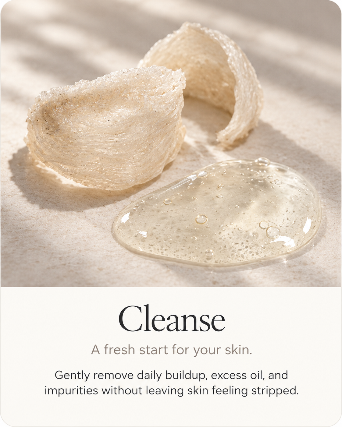 Good Regimen Cleanse card featuring authentic Bird’s Nest and cleanser texture, with the text “Cleanse,” “A fresh start for your skin,” and a description about gently removing daily buildup, excess oil, and impurities without leaving skin feeling stripped.