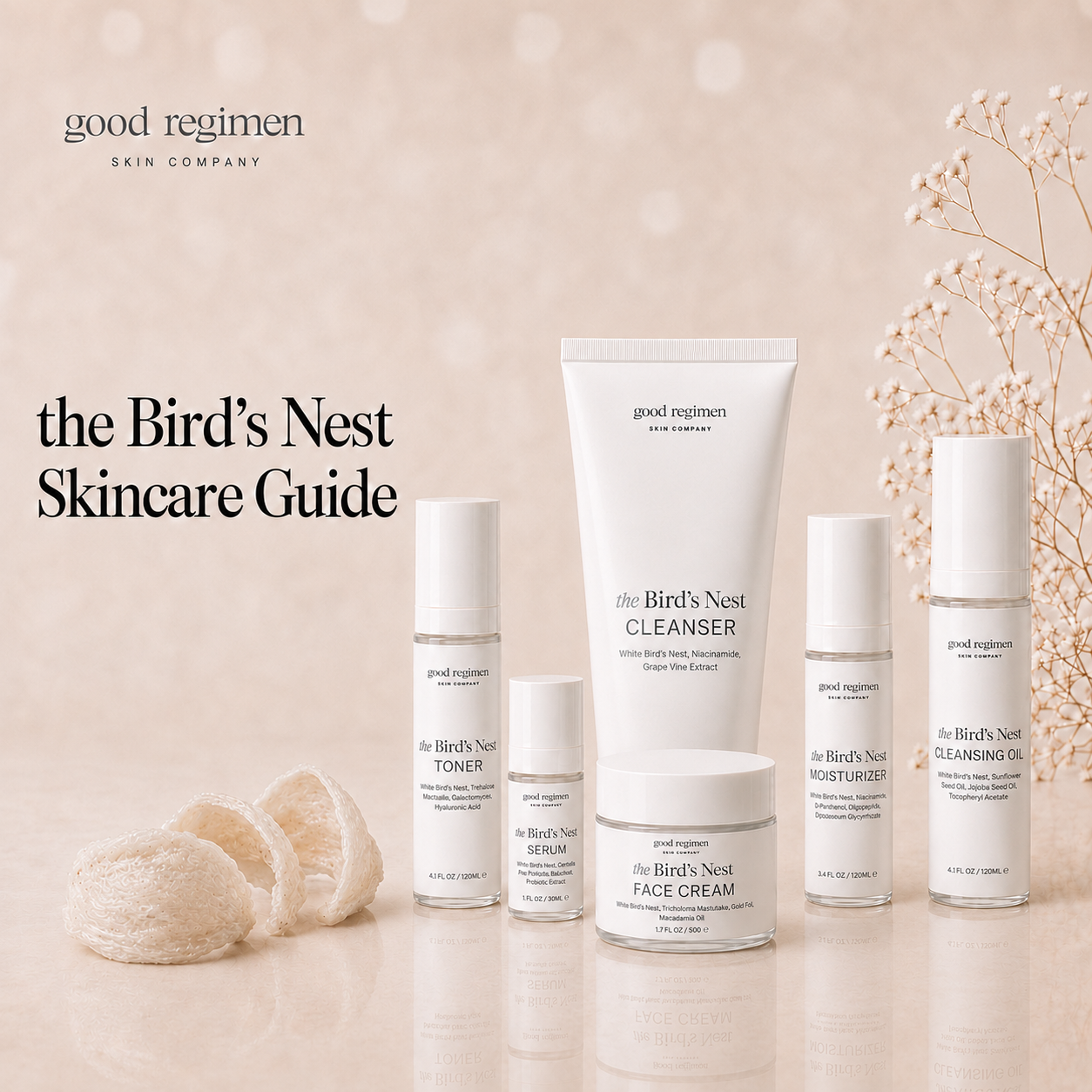 Good Regimen The Bird’s Nest Collection hero image for the complete guide to Bird’s Nest skincare, featuring cleanser, toner, serum, moisturizer, cleansing oil, and face cream with white bird’s nest.