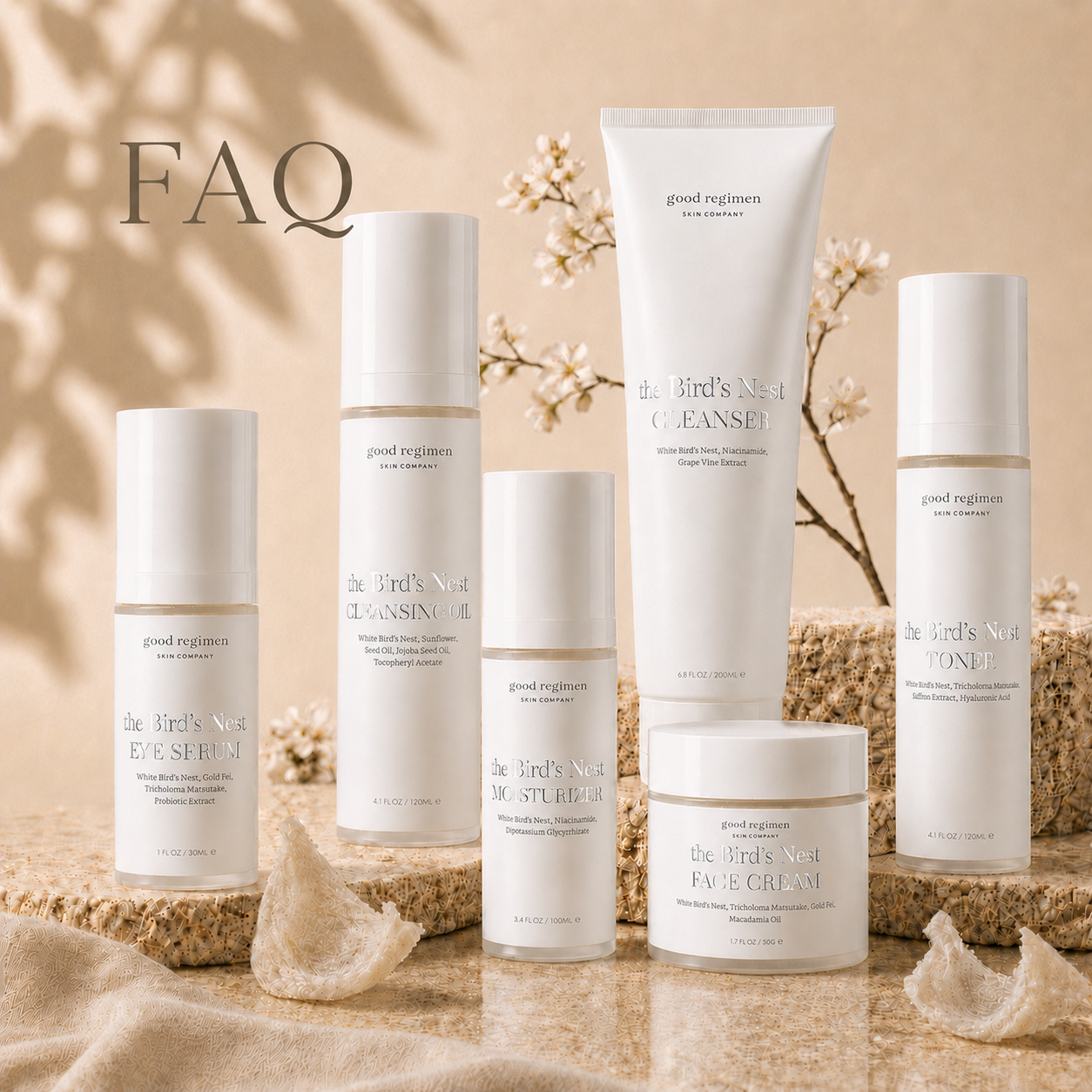 FAQ image for Good Regimen Skin Company featuring The Bird’s Nest skincare collection with eye serum, cleansing oil, cleanser, moisturizer, face cream, and toner in a warm luxury minimalist setting with botanical accents and bird’s nest skincare inspiration.