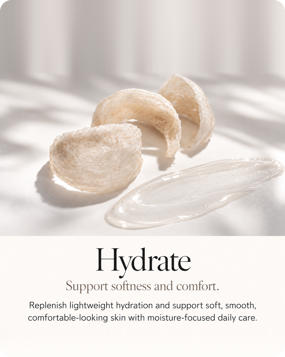 Good Regimen Hydrate skincare card featuring Bird’s Nest and a spread of transparent moisturizer gel, highlighting lightweight hydration, softness, smoothness, and skin comfort as part of a gentle daily Bird’s Nest skincare regimen.