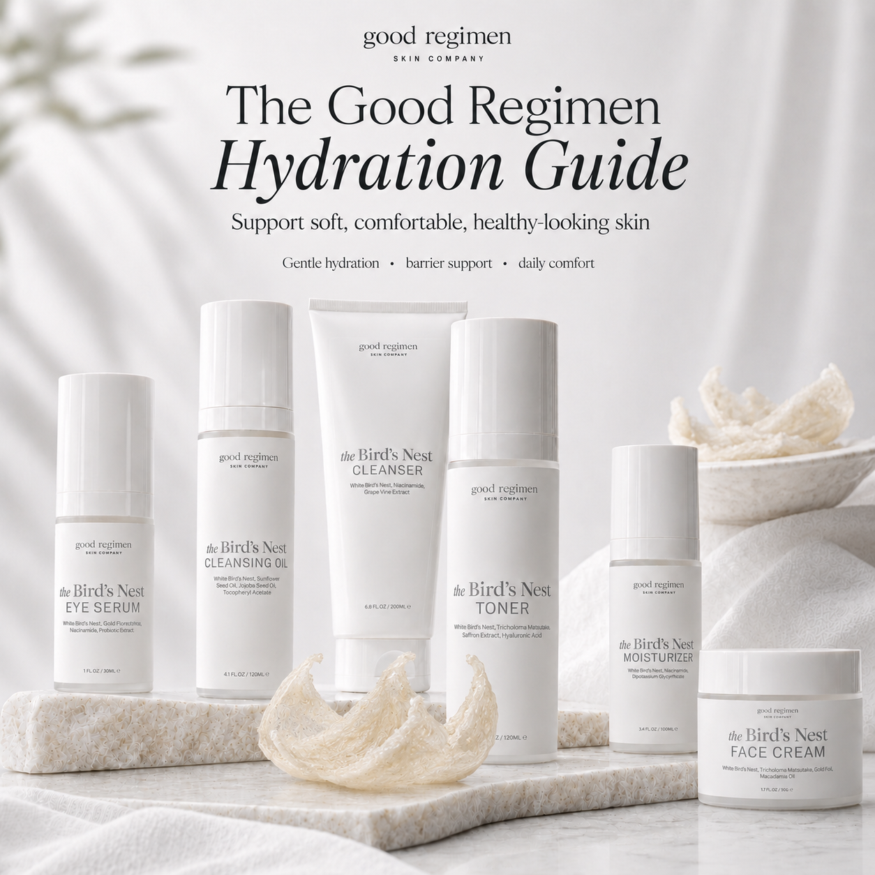 Good Regimen Bird’s Nest skincare collection with cleanser, cleansing oil, toner, moisturizer, eye serum, face cream, and bird’s nest for a hydration-focused skincare guide.