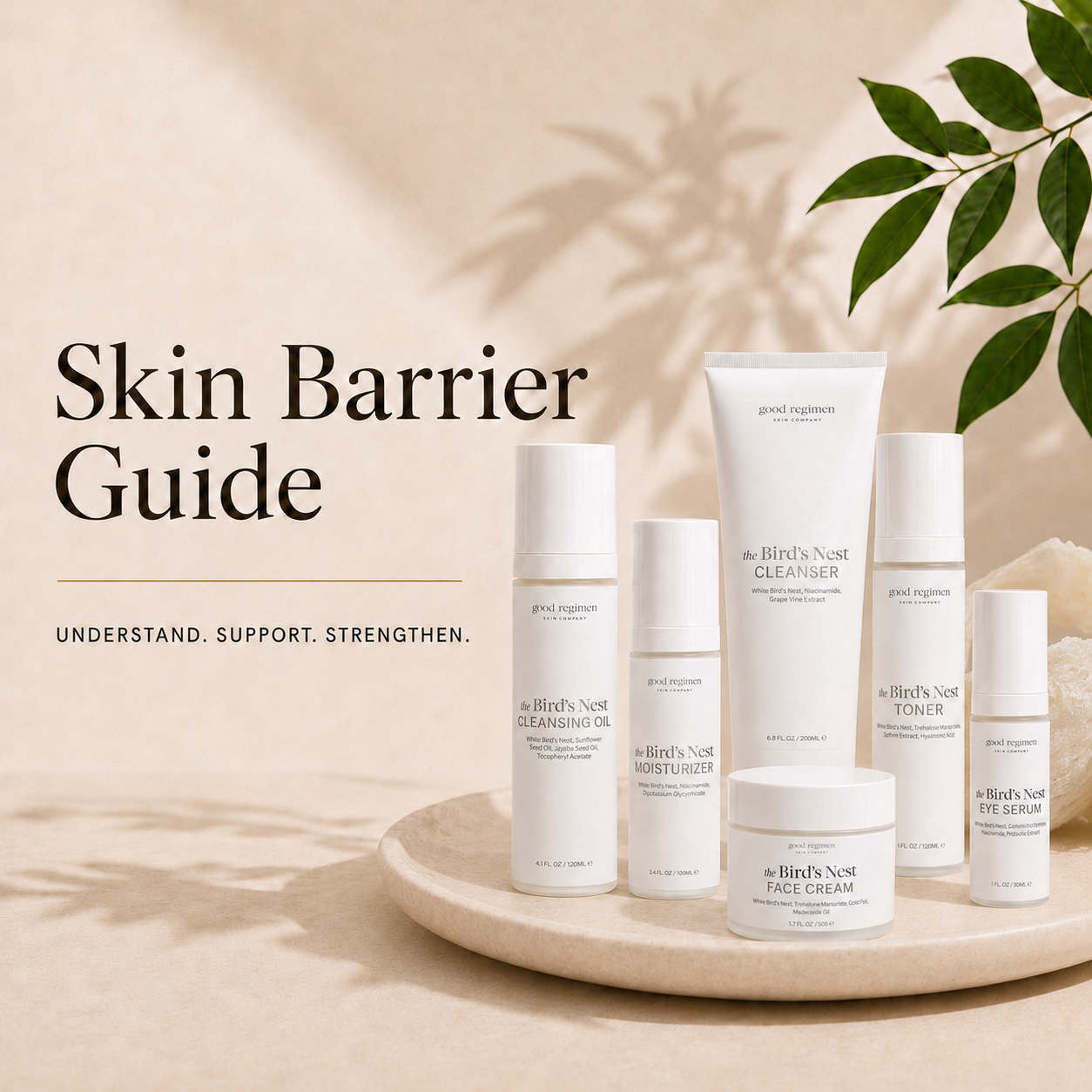Good Regimen Skin Barrier Guide image featuring The Bird’s Nest Collection with cleanser, toner, moisturizer, face cream, cleansing oil, eye serum, and real Bird’s Nest for a gentle barrier-supportive skincare routine.