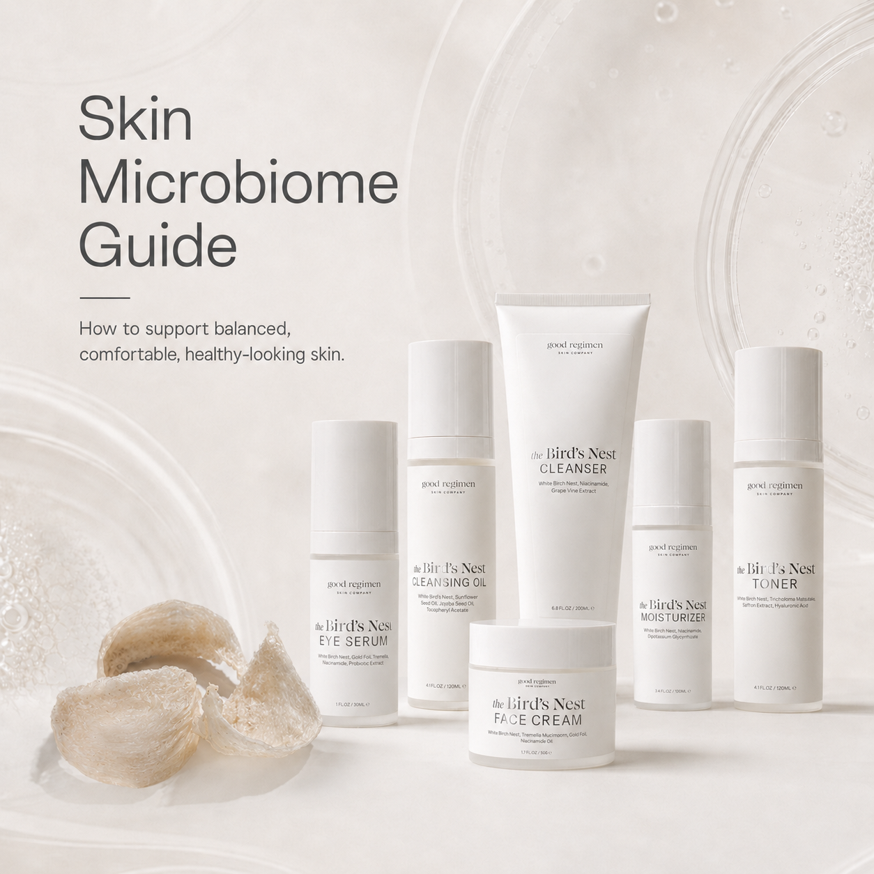 Good Regimen Skin Microbiome Guide featuring The Bird’s Nest Collection and real bird’s nest ingredient for a microbiome-friendly skincare routine.