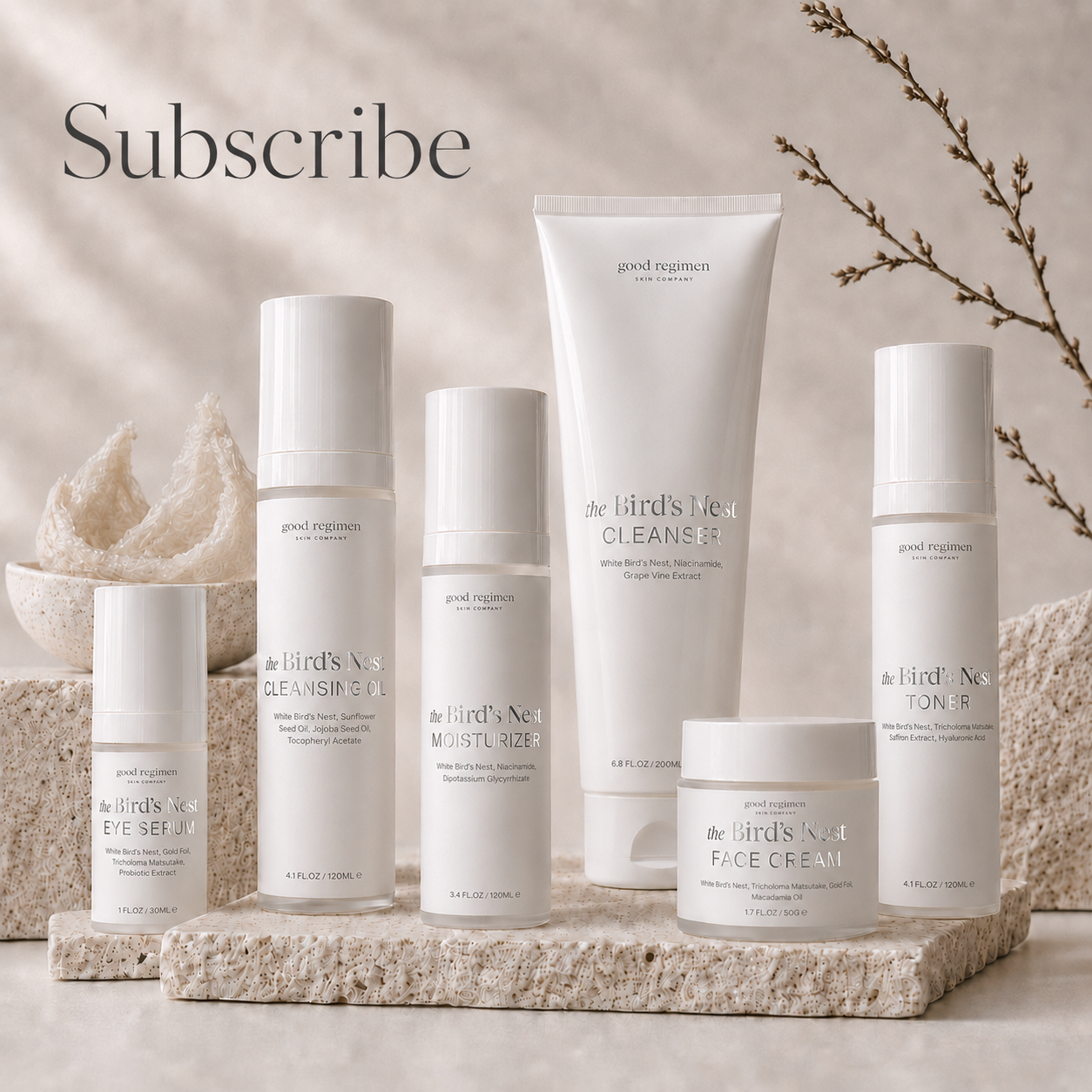 Good Regimen Skin Company Subscribe page image featuring The Bird’s Nest skincare collection with cleanser, cleansing oil, toner, moisturizer, face cream, eye serum, and White Bird’s Nest ingredient in a minimalist luxury skincare setting.