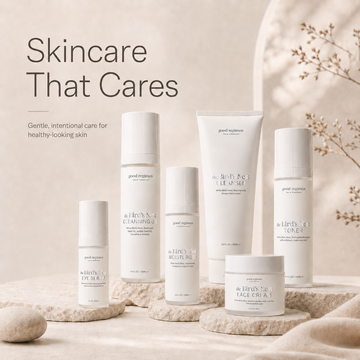 Luxury minimalist image of Good Regimen Skin Company’s Bird’s Nest skincare collection, featuring cleanser, cleansing oil, toner, moisturizer, face cream, and eye serum for gentle, intentional skincare.